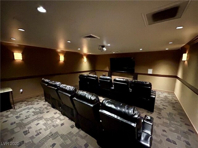 cinema with baseboards, visible vents, and recessed lighting