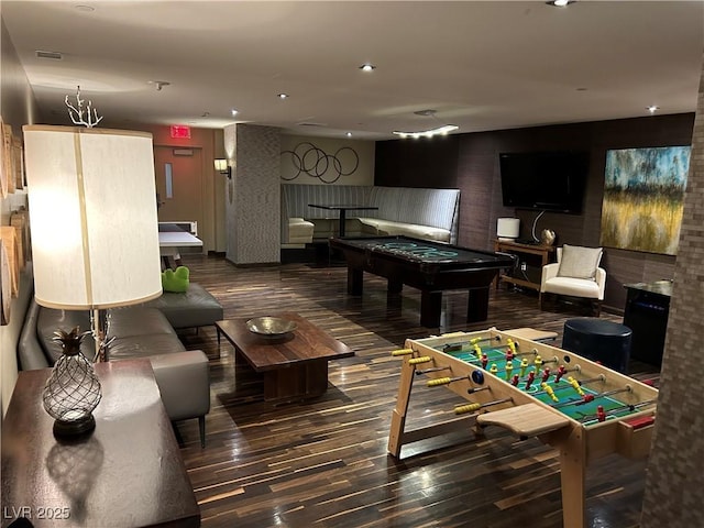 playroom with pool table, wood finished floors, visible vents, and recessed lighting