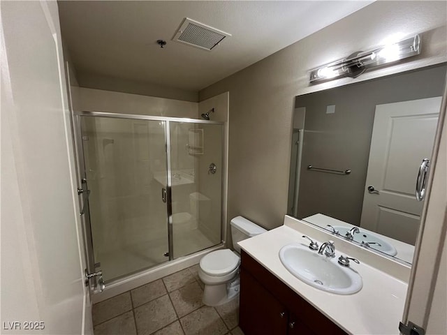 full bath featuring visible vents, a shower stall, toilet, and vanity