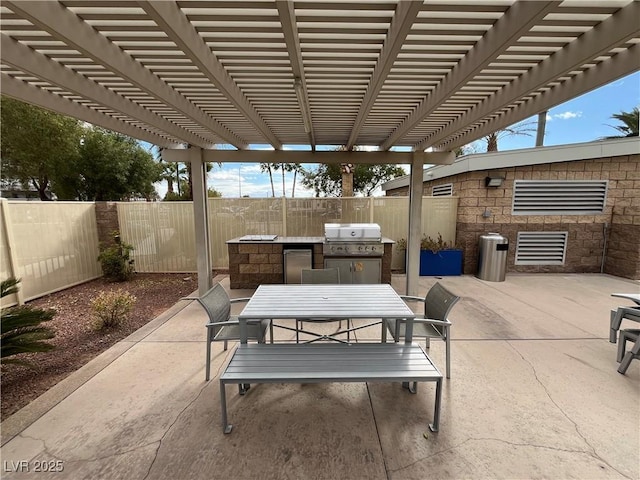 view of patio / terrace with area for grilling, a fenced backyard, grilling area, outdoor dining area, and a pergola