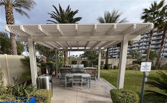 view of patio featuring outdoor dining space, a pergola, fence, and a grill