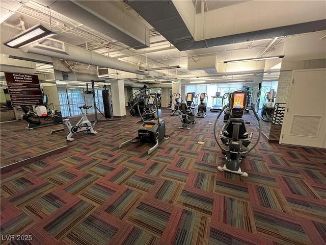 workout area with carpet flooring and visible vents