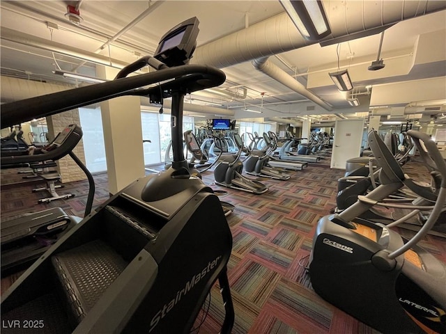 exercise room with carpet flooring