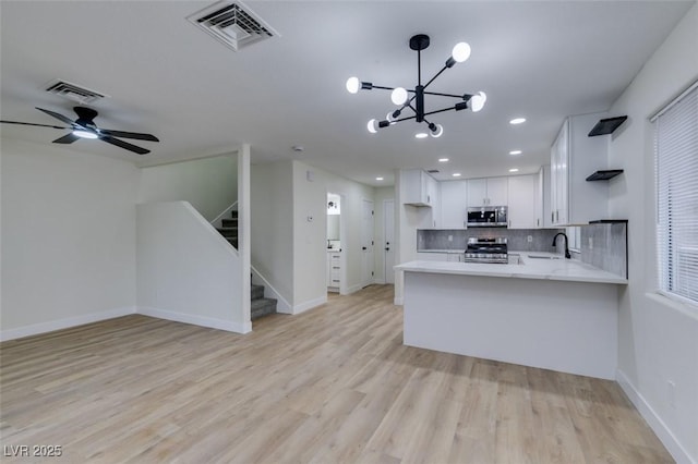 kitchen with stainless steel appliances, white cabinets, decorative backsplash, kitchen peninsula, and light wood-type flooring