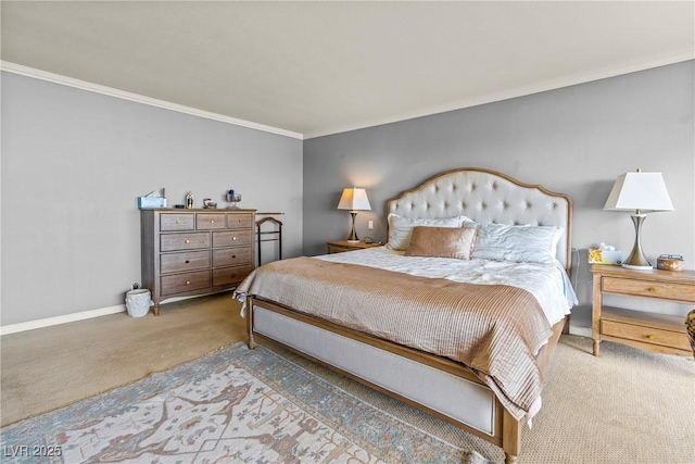 bedroom featuring crown molding and carpet