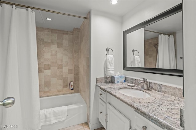 3111 Bel Air Dr Unit 20D, Las Vegas, NV 89109 - bathroom with vanity, recessed lighting, shower / bathtub combination with curtain, and tile patterned flooring