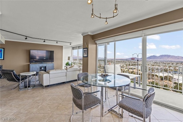 dining room featuring a mountain view, ornamental molding, and light tile patterned flooring