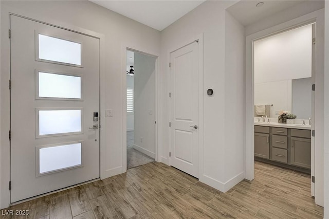 entrance foyer featuring sink and light hardwood / wood-style flooring