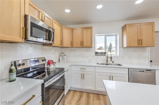 kitchen with light countertops, appliances with stainless steel finishes, a sink, and white cabinetry