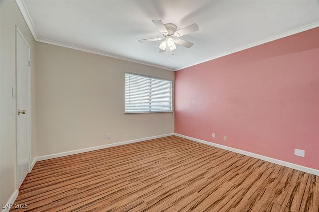 unfurnished room featuring crown molding, ceiling fan, and light hardwood / wood-style flooring