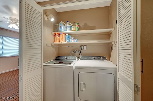 washroom with separate washer and dryer and ceiling fan