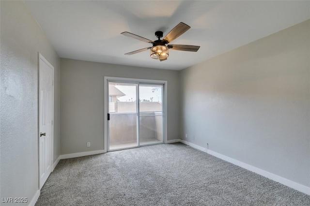 empty room featuring carpet, baseboards, and ceiling fan