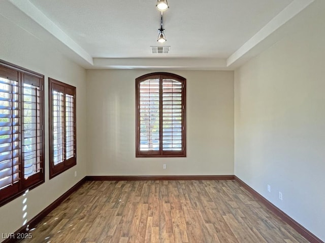 empty room featuring wood-type flooring and a tray ceiling