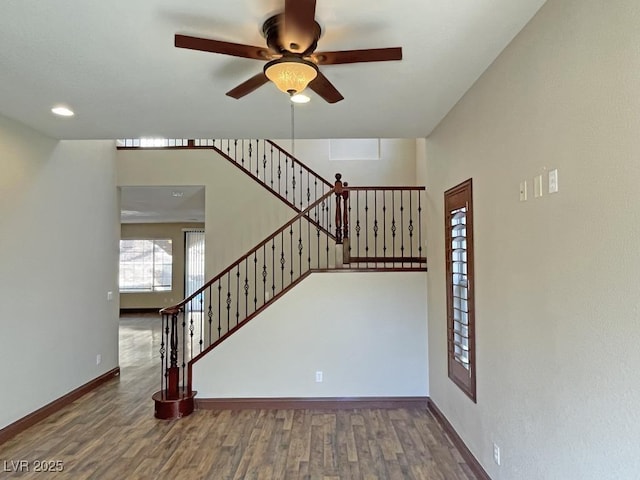 staircase featuring wood-type flooring and ceiling fan