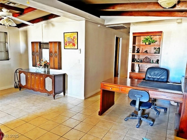 home office with beamed ceiling, light tile patterned floors, ceiling fan, and built in shelves