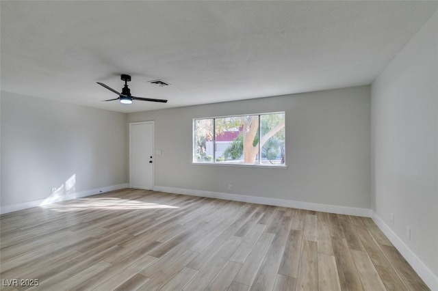 empty room featuring ceiling fan and light hardwood / wood-style flooring