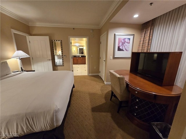 135 E Harmon Ave Unit 2120, Las Vegas, NV 89109 - bedroom featuring carpet floors, baseboards, crown molding, and ensuite bath