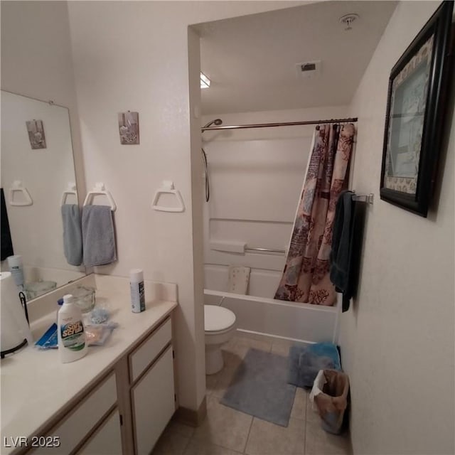 full bathroom with tile patterned flooring, vanity, shower / bathtub combination with curtain, and toilet