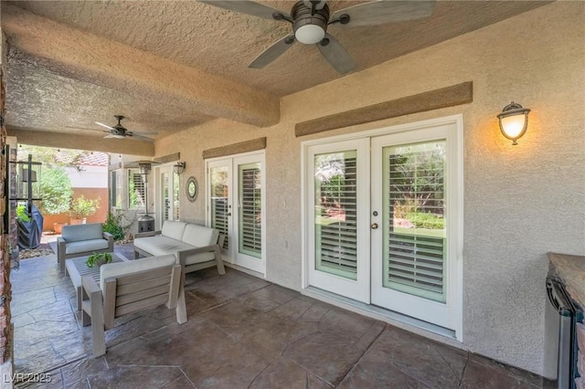 view of patio with an outdoor living space, french doors, and ceiling fan