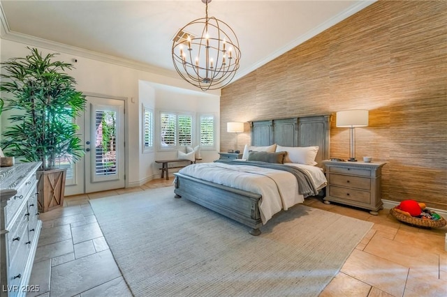 bedroom featuring an inviting chandelier, crown molding, and access to outside