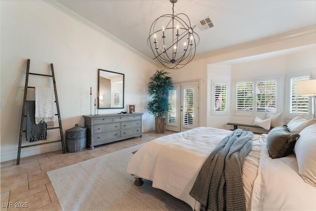 bedroom with crown molding, access to exterior, and an inviting chandelier