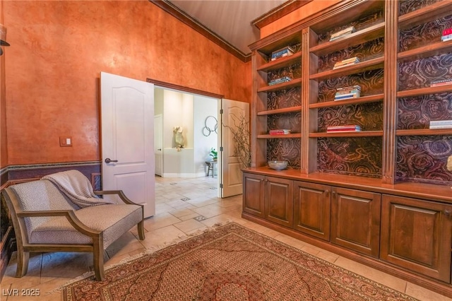 living area featuring a high ceiling