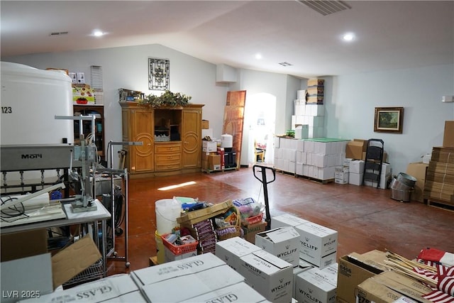 living room featuring lofted ceiling