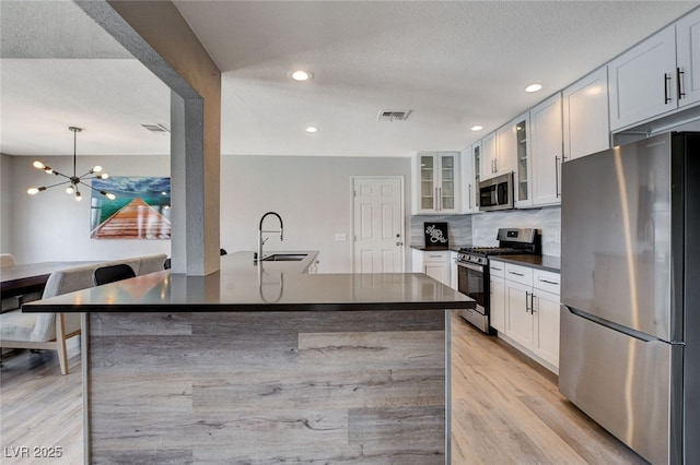 kitchen featuring sink, decorative light fixtures, a center island with sink, appliances with stainless steel finishes, and white cabinets