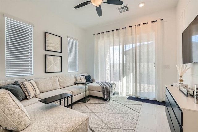 living room featuring ceiling fan