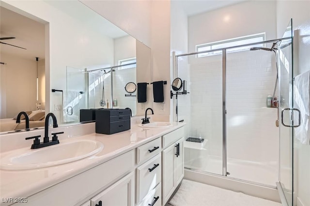 bathroom with vanity and a shower with shower door