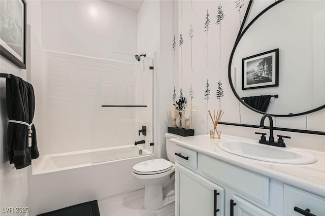 full bathroom with tile patterned floors,  shower combination, toilet, and vanity