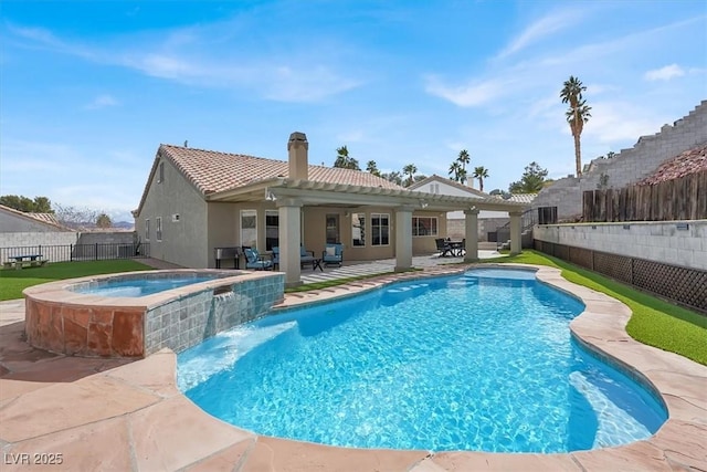 view of pool featuring an in ground hot tub and a patio