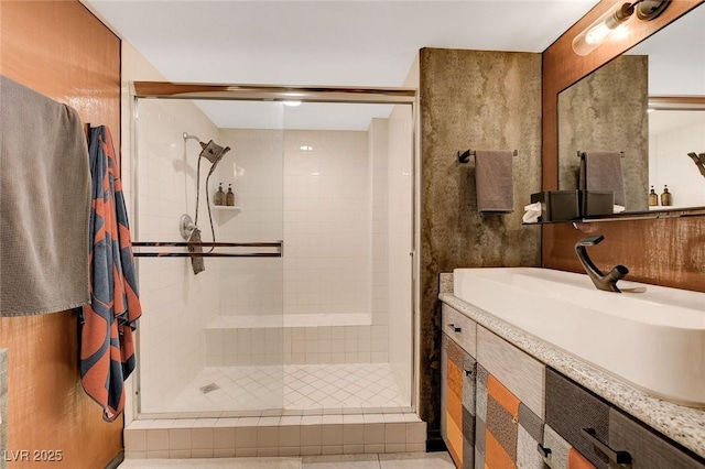 bathroom with vanity and walk in shower