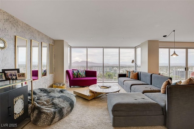 living room featuring a mountain view