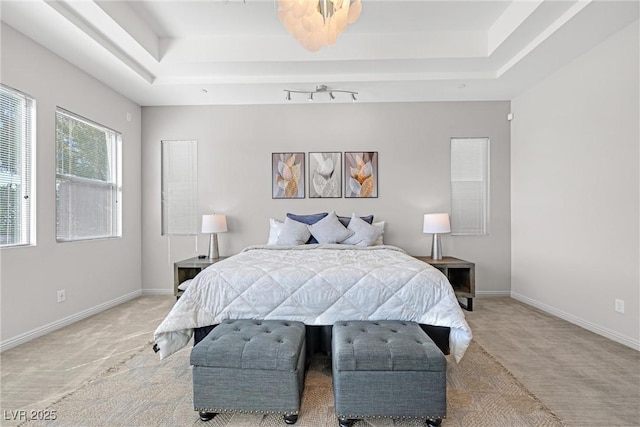 carpeted bedroom with a raised ceiling