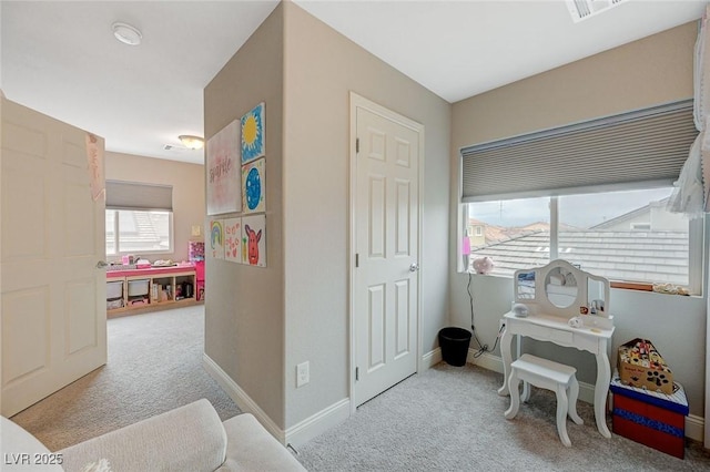 rec room featuring carpet flooring, visible vents, and baseboards