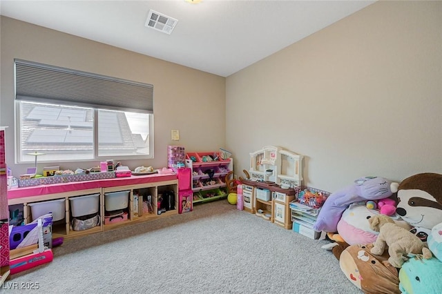 recreation room featuring visible vents and carpet floors