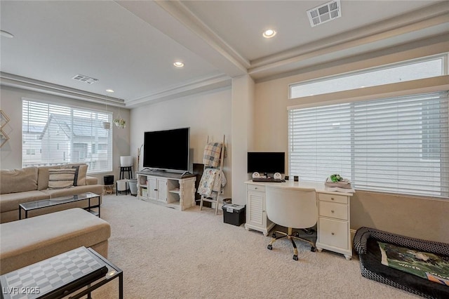 living room with recessed lighting, visible vents, light colored carpet, and beamed ceiling