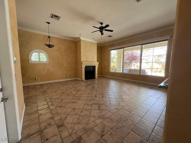 unfurnished living room with ornamental molding, a healthy amount of sunlight, and ceiling fan