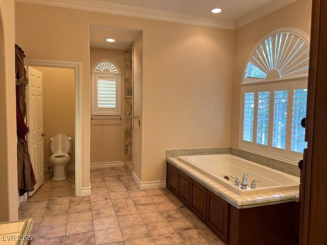 bathroom with tile patterned floors, ornamental molding, toilet, and a bathing tub