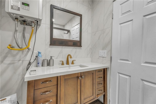 bathroom featuring vanity, tile walls, and backsplash