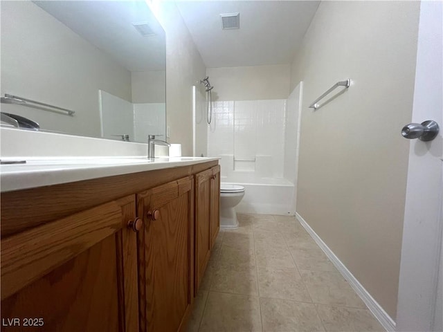 bathroom featuring visible vents, toilet, vanity, tile patterned flooring, and baseboards