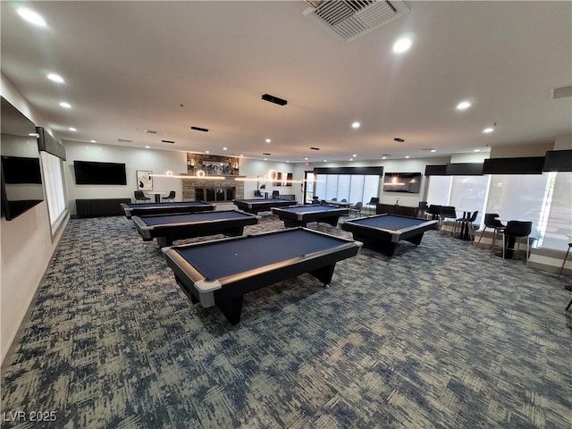 recreation room with carpet, billiards, visible vents, and recessed lighting