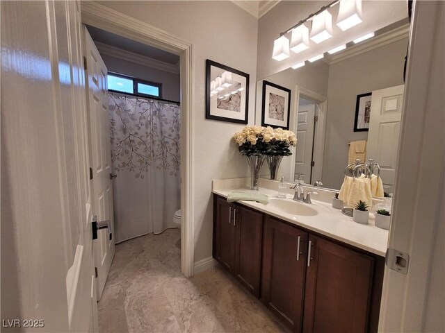 bathroom with a shower with shower curtain, toilet, marble finish floor, crown molding, and vanity