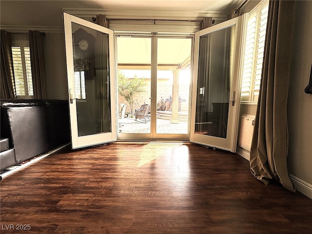 interior space with a wealth of natural light, french doors, and dark wood-style flooring