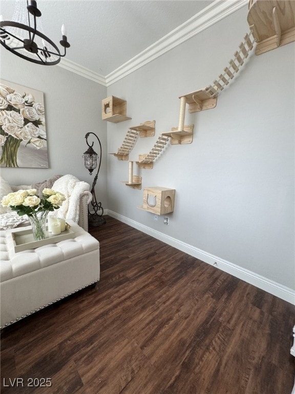 interior space with ornamental molding, a chandelier, baseboards, and wood finished floors