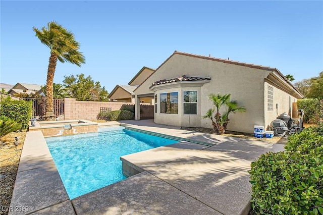 view of pool featuring a patio, fence, and a fenced in pool