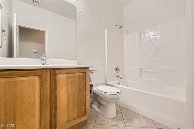 bathroom featuring tub / shower combination, vanity, toilet, and tile patterned floors