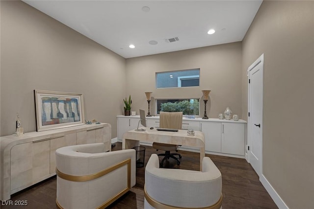 office space with dark wood-style floors, recessed lighting, visible vents, and baseboards