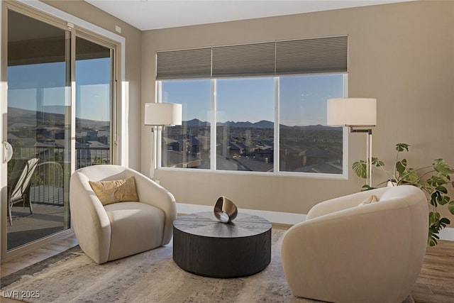 sitting room featuring a mountain view, baseboards, and wood finished floors